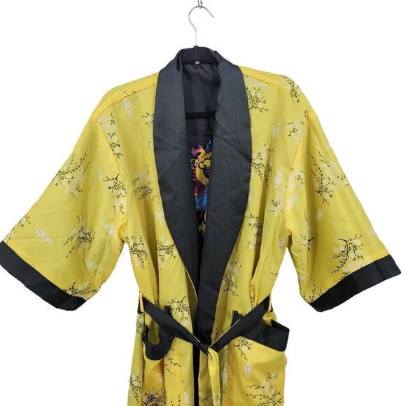 Reversible Kimono Robe L Black Embroidered Dragon Yellow Floral Asian Unisex - Picture 13 of 16
